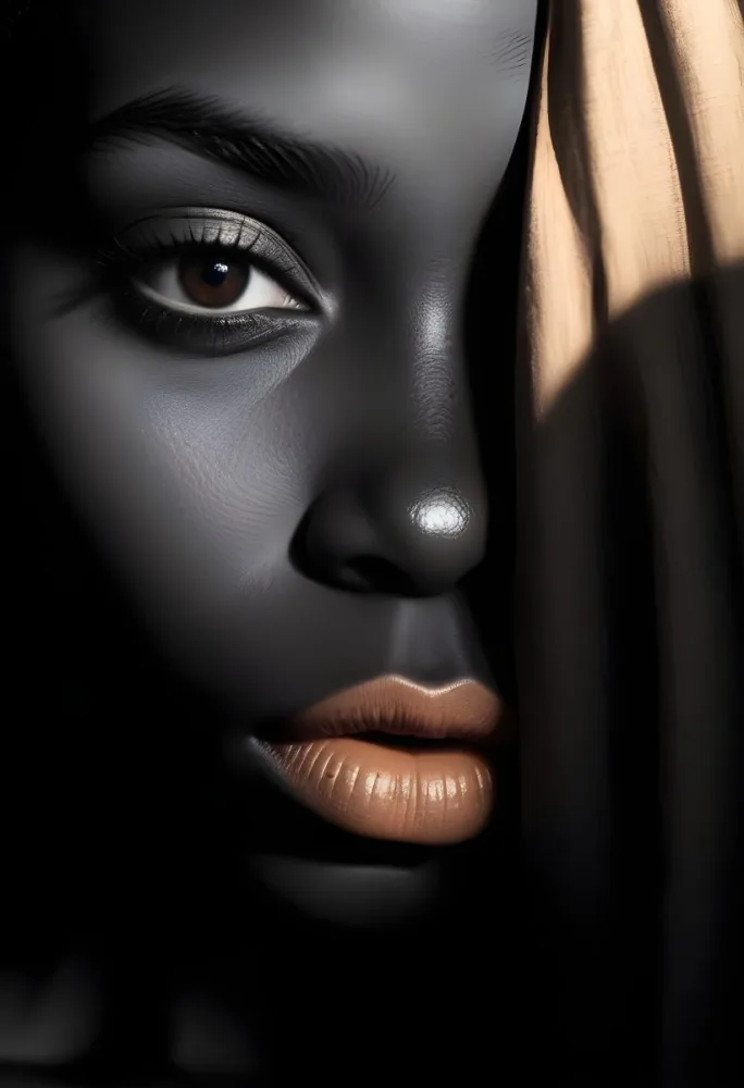 A Close Up Portrait Of A Young African Woman With Dark Skin Full Lips And Intense Eyes The Image Has Dramatic High Contrast Lighting That Creates A Moody Mysterious Atmosphere 28 3bdc