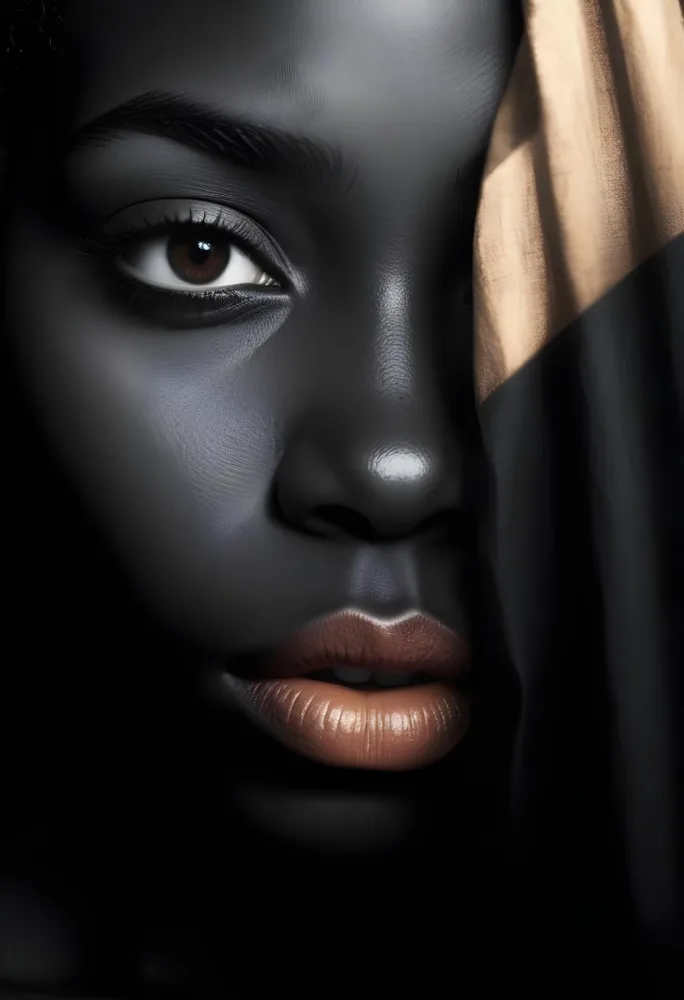 A Close Up Portrait Of A Young African Woman With Dark Skin Full Lips And Intense Eyes The Image Has Dramatic High Contrast Lighting That Creates A Moody Mysterious Atmosphere 31 Fc60
