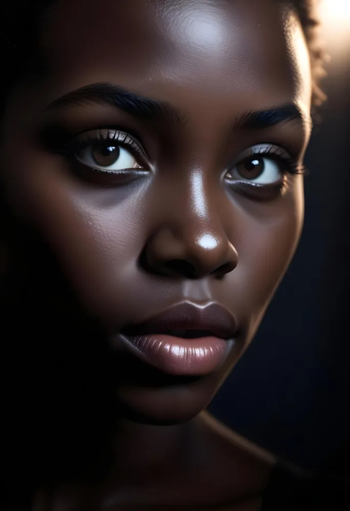 A Close Up Portrait Of A Young African Woman With Dark Skin Full Lips And Intense Eyes The Image Has Dramatic High Contrast Lighting That Creates A Moody Mysterious Atmosphere 33 49a9