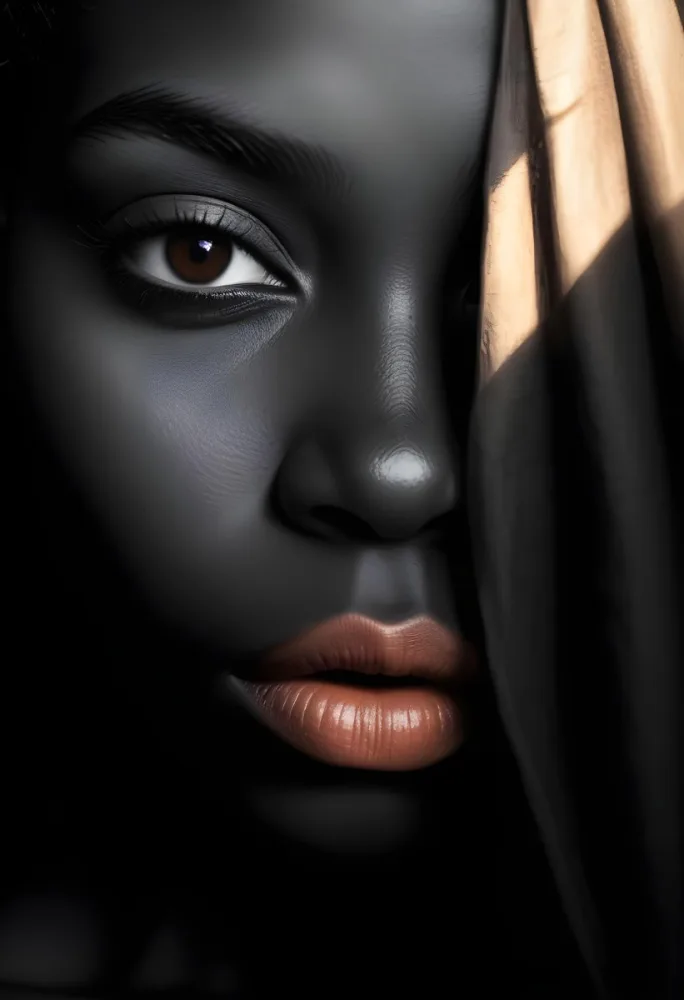A Close Up Portrait Of A Young African Woman With Dark Skin Full Lips And Intense Eyes The Image Has Dramatic High Contrast Lighting That Creates A Moody Mysterious Atmosphere 35 2481