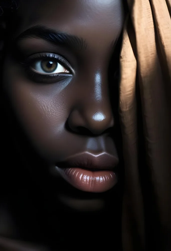 A Close Up Portrait Of A Young African Woman With Dark Skin Full Lips And Intense Eyes The Image Has Dramatic High Contrast Lighting That Creates A Moody Mysterious Atmosphere 41 1fd5