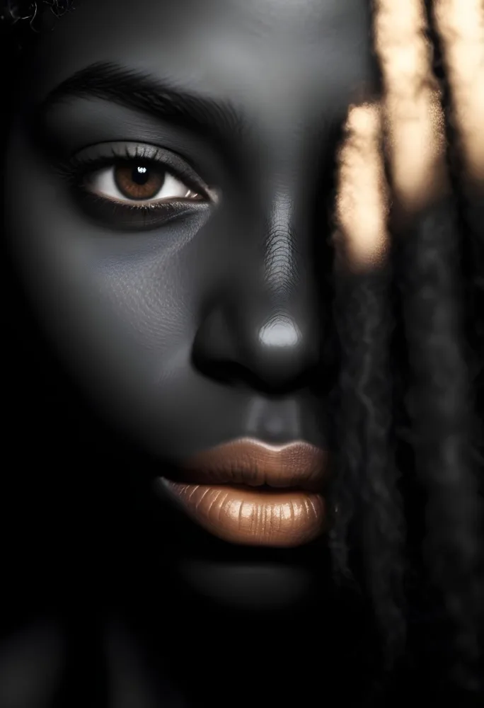 A Close Up Portrait Of A Young African Woman With Dark Skin Full Lips And Intense Eyes The Image Has Dramatic High Contrast Lighting That Creates A Moody Mysterious Atmosphere 47 Cbdf