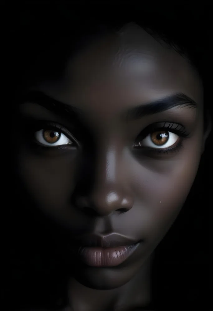 A Close Up Portrait Of A Young African Woman With Dark Skin Intense Eyes And Full Lips Against A Dark Background 17 5bf5