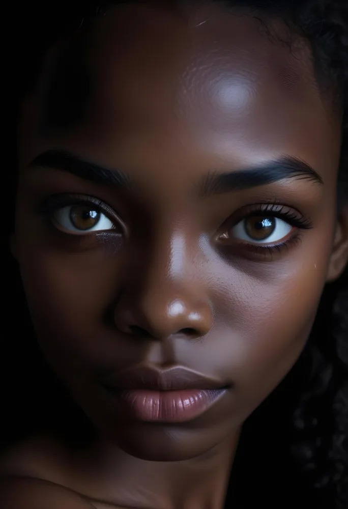 A Close Up Portrait Of A Young African Woman With Dark Skin Intense Eyes And Full Lips Against A Dark Background 21 81ae