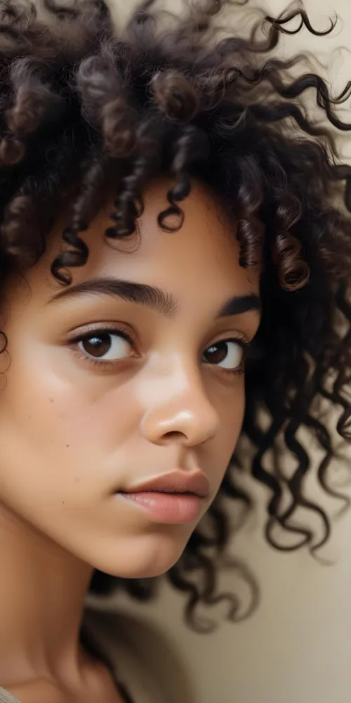 A Close Up Portrait Of A Young Black Woman With Curly Dark Hair Looking Directly At The Camera With A Serious Expression In Daylight Against A Neutral Background 8 E93e