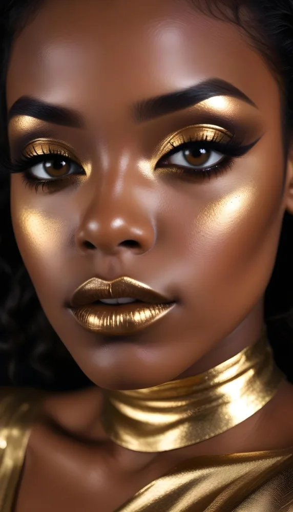 A Close Up Portrait Of A Young Black Woman With Striking Makeup She Has Dark Skin Full Lips Painted In A Metallic Gold Color And Dramatic Eye Makeup With Dark Eyeliner And Eyeshadow The Lighting Creates Dram 14 Cfc7