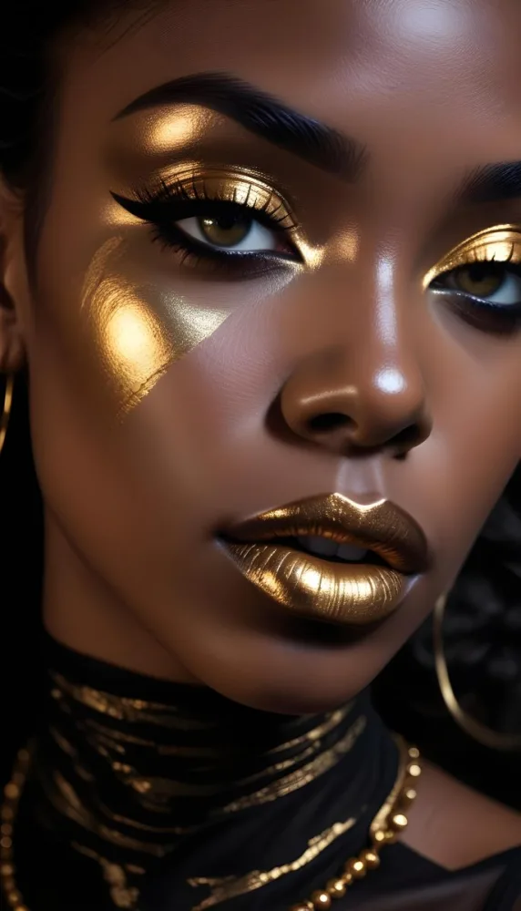 A Close Up Portrait Of A Young Black Woman With Striking Makeup She Has Dark Skin Full Lips Painted In A Metallic Gold Color And Dramatic Eye Makeup With Dark Eyeliner And Eyeshadow The Lighting Creates Dram 17 9ce6