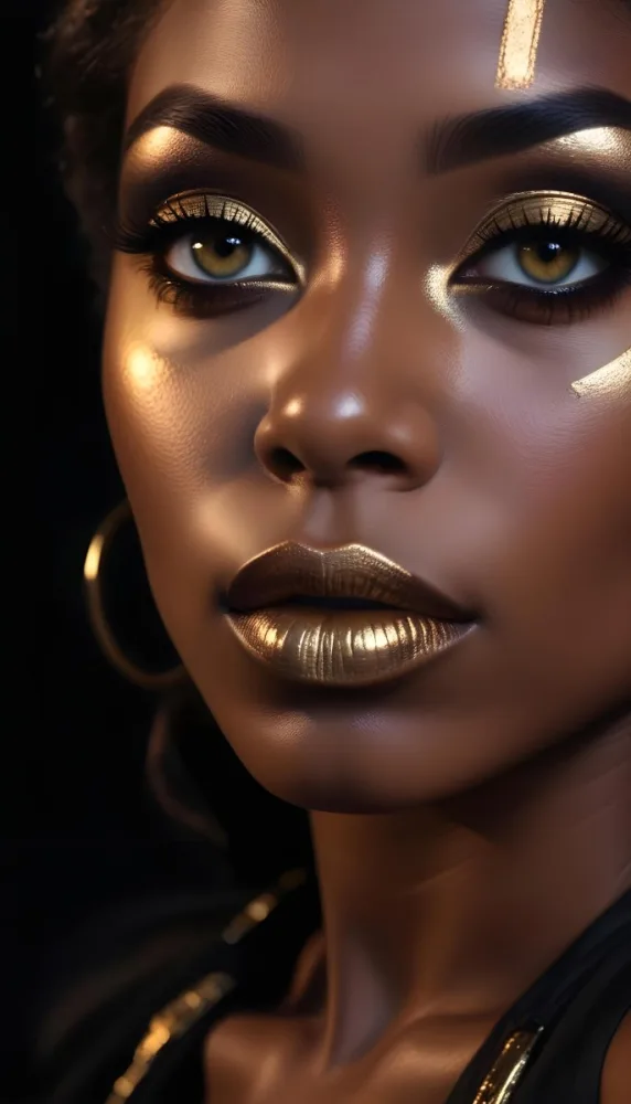A Close Up Portrait Of A Young Black Woman With Striking Makeup She Has Dark Skin Full Lips Painted In A Metallic Gold Color And Dramatic Eye Makeup With Dark Eyeliner And Eyeshadow The Lighting Creates Dram 20 87a7