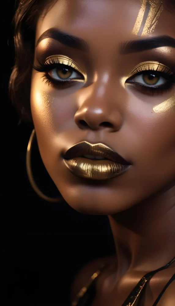 A Close Up Portrait Of A Young Black Woman With Striking Makeup She Has Dark Skin Full Lips Painted In A Metallic Gold Color And Dramatic Eye Makeup With Dark Eyeliner And Eyeshadow The Lighting Creates Dram 21 3464
