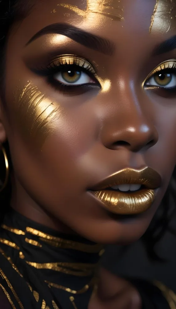 A Close Up Portrait Of A Young Black Woman With Striking Makeup She Has Dark Skin Full Lips Painted In A Metallic Gold Color And Dramatic Eye Makeup With Dark Eyeliner And Eyeshadow The Lighting Creates Dram 22 9df6