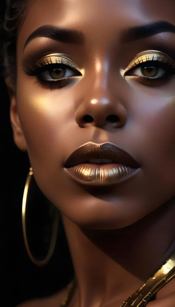A Close Up Portrait Of A Young Black Woman With Striking Makeup She Has Dark Skin Full Lips Painted In A Metallic Gold Color And Dramatic Eye Makeup With Dark Eyeliner And Eyeshadow The Lighting Creates Dram 24 8aaf