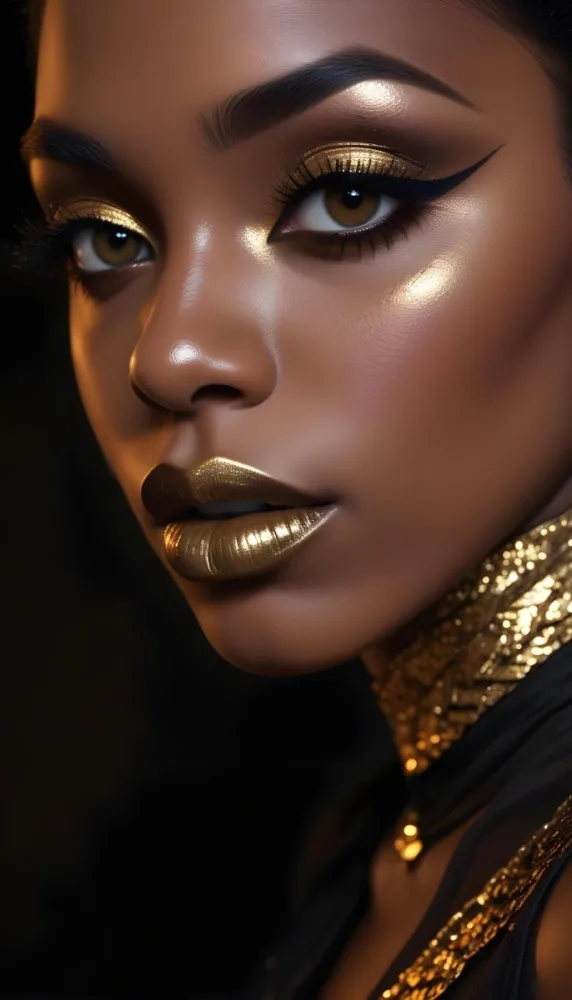A Close Up Portrait Of A Young Black Woman With Striking Makeup She Has Dark Skin Full Lips Painted In A Metallic Gold Color And Dramatic Eye Makeup With Dark Eyeliner And Eyeshadow The Lighting Creates Dram 25 3a4c