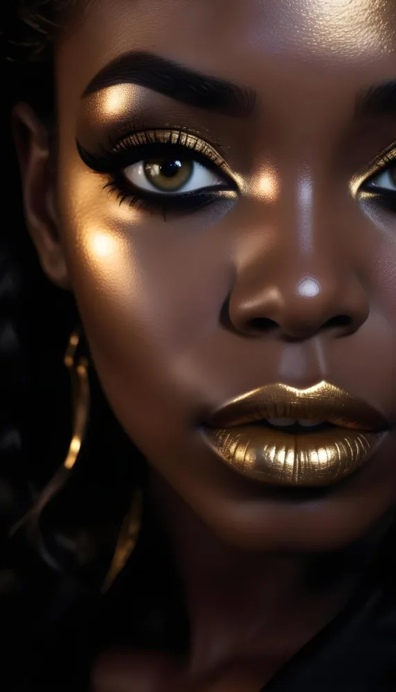 A Close Up Portrait Of A Young Black Woman With Striking Makeup She Has Dark Skin Full Lips Painted In A Metallic Gold Color And Dramatic Eye Makeup With Dark Eyeliner And Eyeshadow The Lighting Creates Dram 26 4142