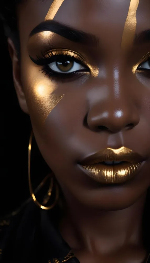 A Close Up Portrait Of A Young Black Woman With Striking Makeup She Has Dark Skin Full Lips Painted In A Metallic Gold Color And Dramatic Eye Makeup With Dark Eyeliner And Eyeshadow The Lighting Creates Dram 28 B8f6