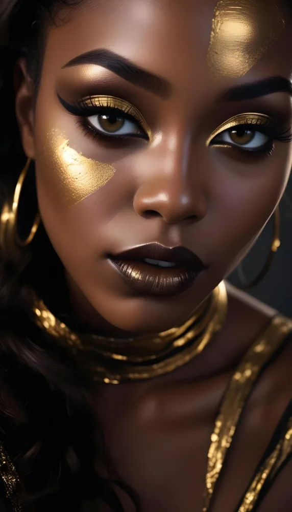 A Close Up Portrait Of A Young Black Woman With Striking Makeup She Has Dark Skin Full Lips Painted In A Metallic Gold Color And Dramatic Eye Makeup With Dark Eyeliner And Eyeshadow The Lighting Creates Dram 29 F915