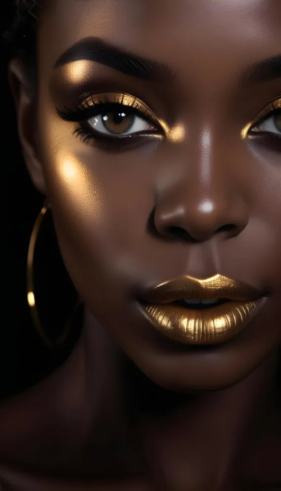 A Close Up Portrait Of A Young Black Woman With Striking Makeup She Has Dark Skin Full Lips Painted In A Metallic Gold Color And Dramatic Eye Makeup With Dark Eyeliner And Eyeshadow The Lighting Creates Dram 3 De0d