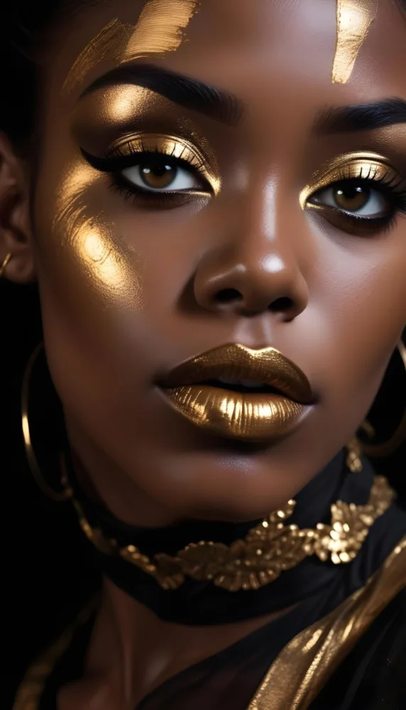 A Close Up Portrait Of A Young Black Woman With Striking Makeup She Has Dark Skin Full Lips Painted In A Metallic Gold Color And Dramatic Eye Makeup With Dark Eyeliner And Eyeshadow The Lighting Creates Dram 30 Fd53