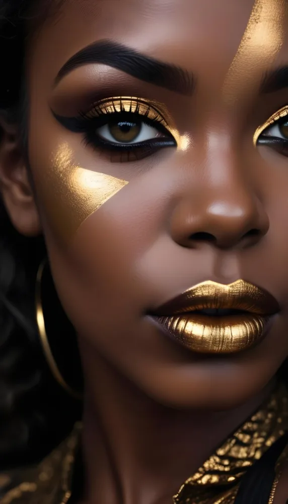 A Close Up Portrait Of A Young Black Woman With Striking Makeup She Has Dark Skin Full Lips Painted In A Metallic Gold Color And Dramatic Eye Makeup With Dark Eyeliner And Eyeshadow The Lighting Creates Dram 31 3aee