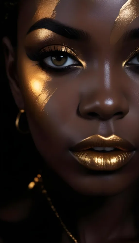 A Close Up Portrait Of A Young Black Woman With Striking Makeup She Has Dark Skin Full Lips Painted In A Metallic Gold Color And Dramatic Eye Makeup With Dark Eyeliner And Eyeshadow The Lighting Creates Dram 32 7828