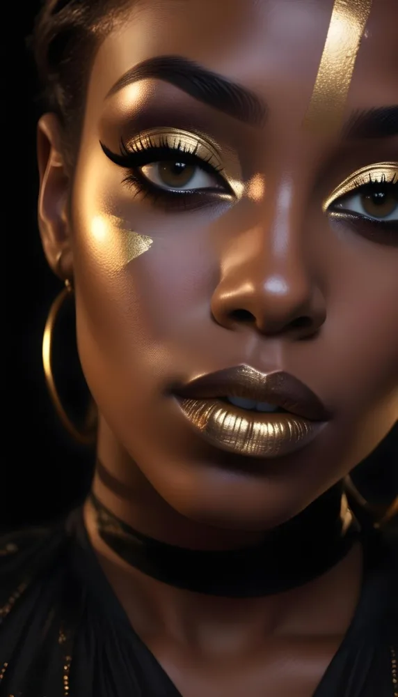 A Close Up Portrait Of A Young Black Woman With Striking Makeup She Has Dark Skin Full Lips Painted In A Metallic Gold Color And Dramatic Eye Makeup With Dark Eyeliner And Eyeshadow The Lighting Creates Dram 33 4085