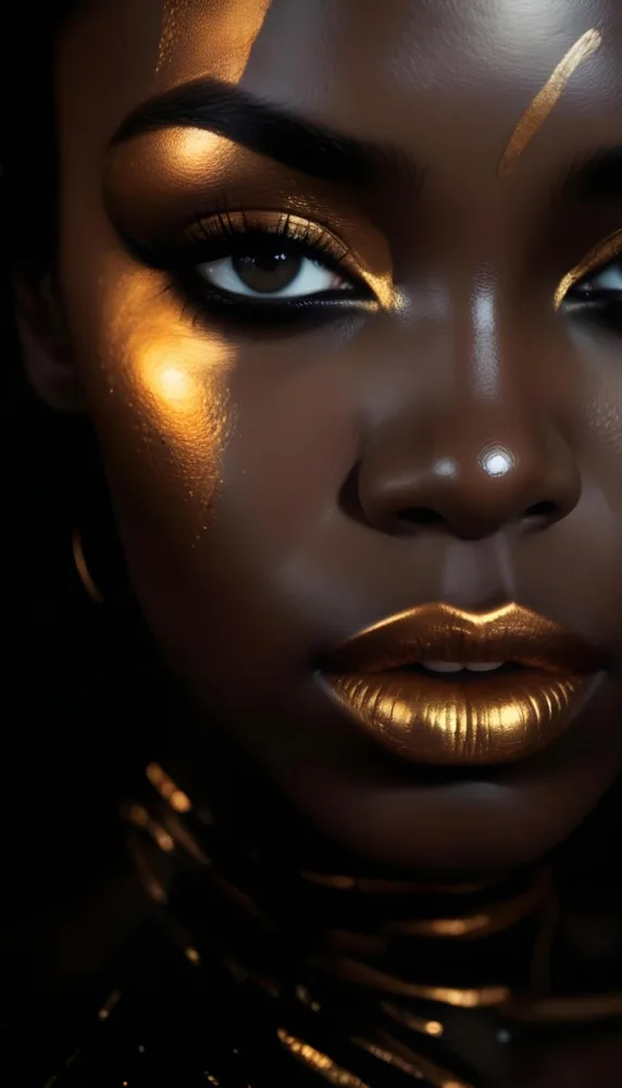 A Close Up Portrait Of A Young Black Woman With Striking Makeup She Has Dark Skin Full Lips Painted In A Metallic Gold Color And Dramatic Eye Makeup With Dark Eyeliner And Eyeshadow The Lighting Creates Dram 36 7a9a