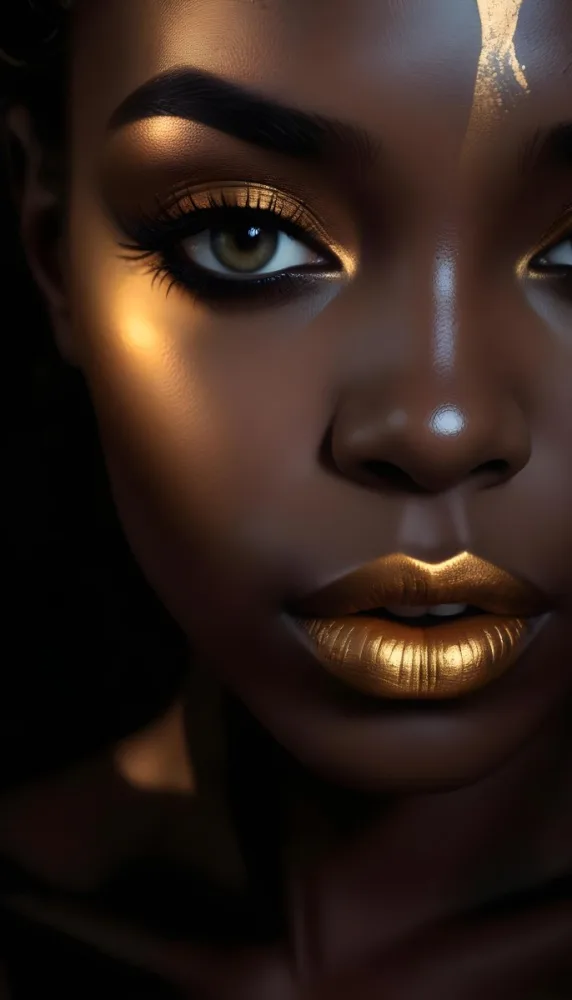 A Close Up Portrait Of A Young Black Woman With Striking Makeup She Has Dark Skin Full Lips Painted In A Metallic Gold Color And Dramatic Eye Makeup With Dark Eyeliner And Eyeshadow The Lighting Creates Dram 5 9c17