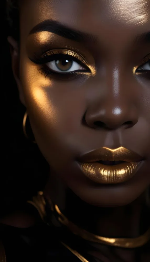 A Close Up Portrait Of A Young Black Woman With Striking Makeup She Has Dark Skin Full Lips Painted In A Metallic Gold Color And Dramatic Eye Makeup With Dark Eyeliner And Eyeshadow The Lighting Creates Dram 7 D94c