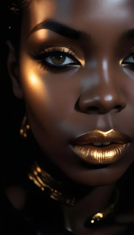 A Close Up Portrait Of A Young Black Woman With Striking Makeup She Has Dark Skin Full Lips Painted In A Metallic Gold Color And Dramatic Eye Makeup With Dark Eyeliner And Eyeshadow The Lighting Creates Dram 8756