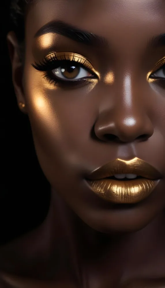 A Close Up Portrait Of A Young Black Woman With Striking Makeup She Has Dark Skin Full Lips Painted In A Metallic Gold Color And Dramatic Eye Makeup With Dark Eyeliner And Eyeshadow The Lighting Creates Dram 9 0786