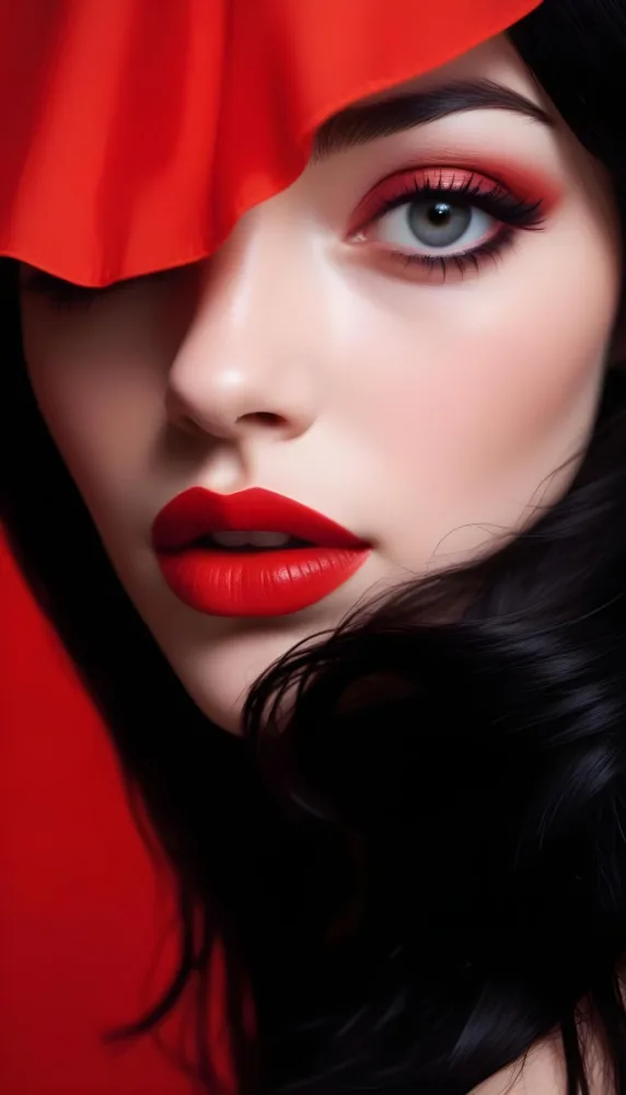 A Close Up Portrait Of A Young Caucasian Woman With Bright Red Lipstick Dark Eye Makeup And Long Black Hair Covering Part Of Her Face Against A Red Background 1