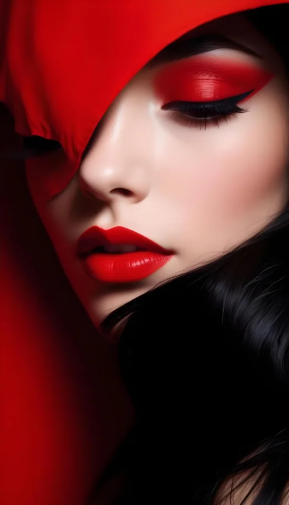 A Close Up Portrait Of A Young Caucasian Woman With Bright Red Lipstick Dark Eye Makeup And Long Black Hair Covering Part Of Her Face Against A Red Background 17 C6fd