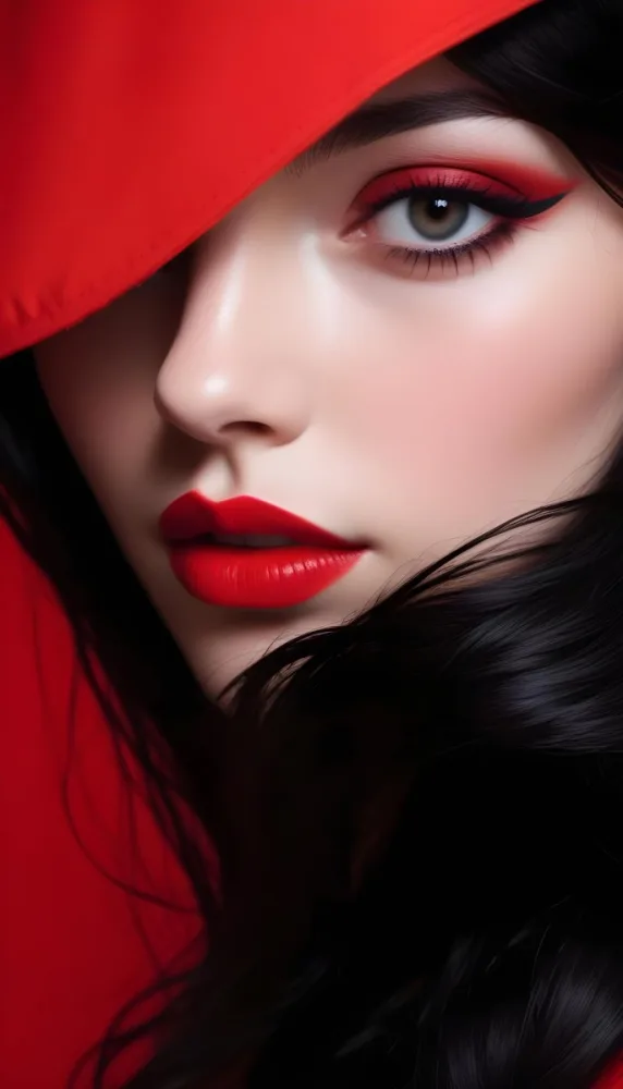 A Close Up Portrait Of A Young Caucasian Woman With Bright Red Lipstick Dark Eye Makeup And Long Black Hair Covering Part Of Her Face Against A Red Background 7