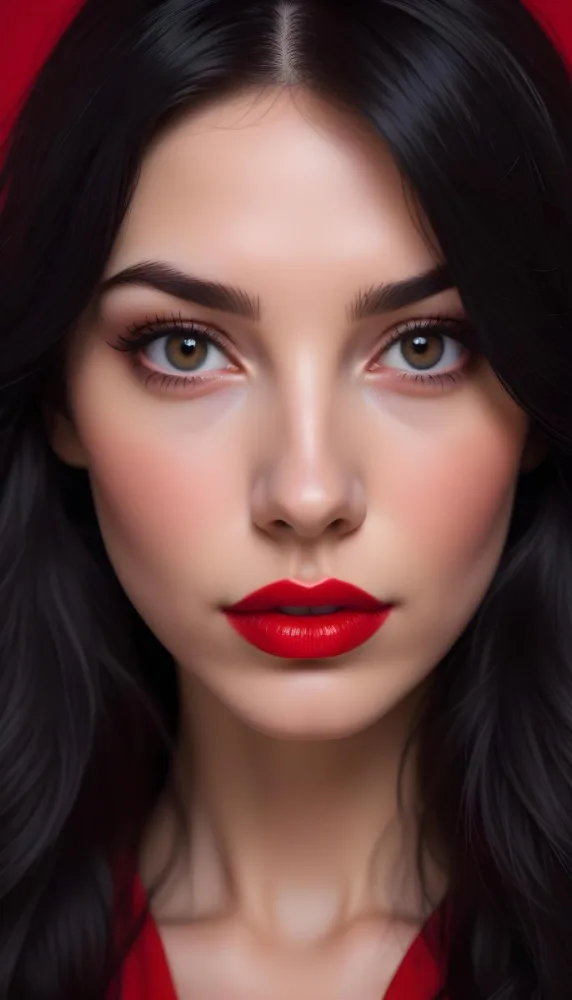 A Close Up Portrait Of A Young Caucasian Woman With Bright Red Lipstick Dark Eye Makeup And Long Black Hair Covering Part Of Her Face Against A Red Background 9 015d