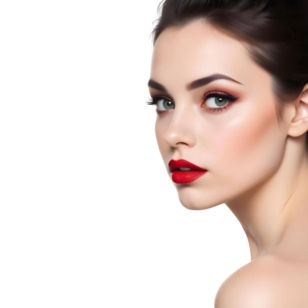 A Close Up Portrait Of A Young Caucasian Woman With Dark Hair And Bold Makeup Including Red Lipstick She Has A Serious Expression On Her Face And Is Looking Directly At The Camera 1 D976