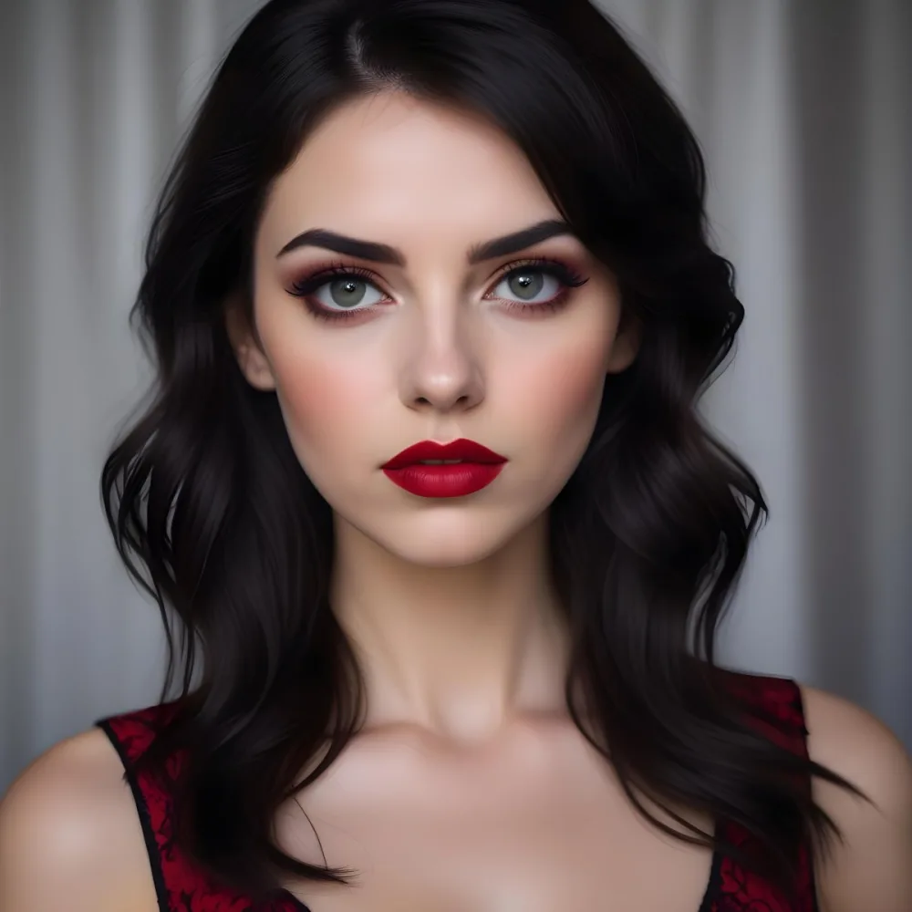 A Close Up Portrait Of A Young Caucasian Woman With Dark Hair And Bold Makeup Including Red Lipstick She Has A Serious Expression On Her Face And Is Looking Directly At The Camera 10 0b70