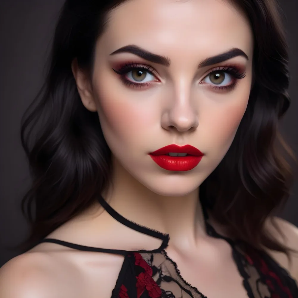 A Close Up Portrait Of A Young Caucasian Woman With Dark Hair And Bold Makeup Including Red Lipstick She Has A Serious Expression On Her Face And Is Looking Directly At The Camera 8 B521