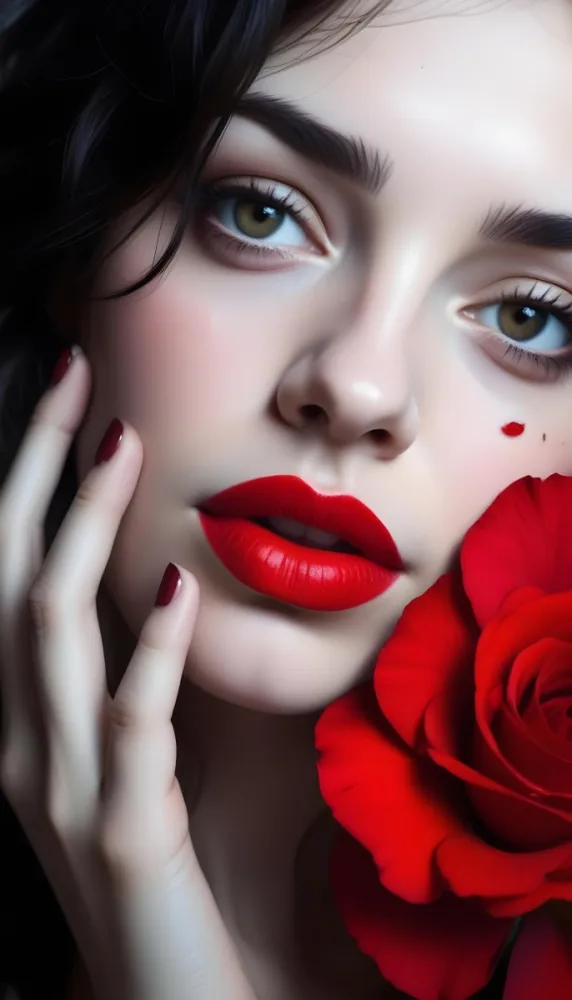 A Close Up Portrait Of A Young Caucasian Woman With Dark Hair Red Lips And Red Rose Petals Around Her Face 1 4ff5
