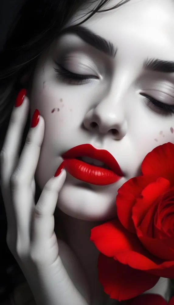 A Close Up Portrait Of A Young Caucasian Woman With Dark Hair Red Lips And Red Rose Petals Around Her Face 20 823f