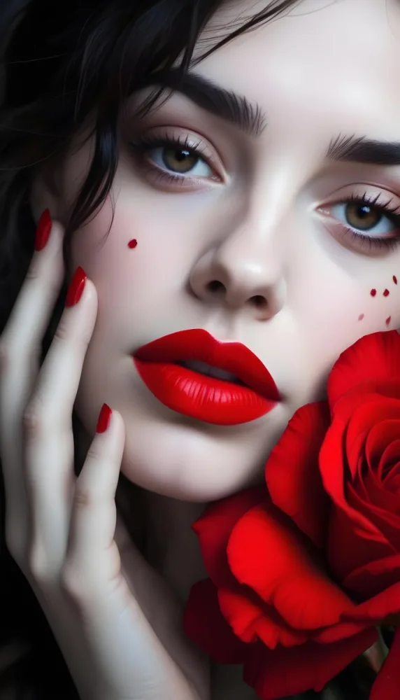 A Close Up Portrait Of A Young Caucasian Woman With Dark Hair Red Lips And Red Rose Petals Around Her Face 21 94e0