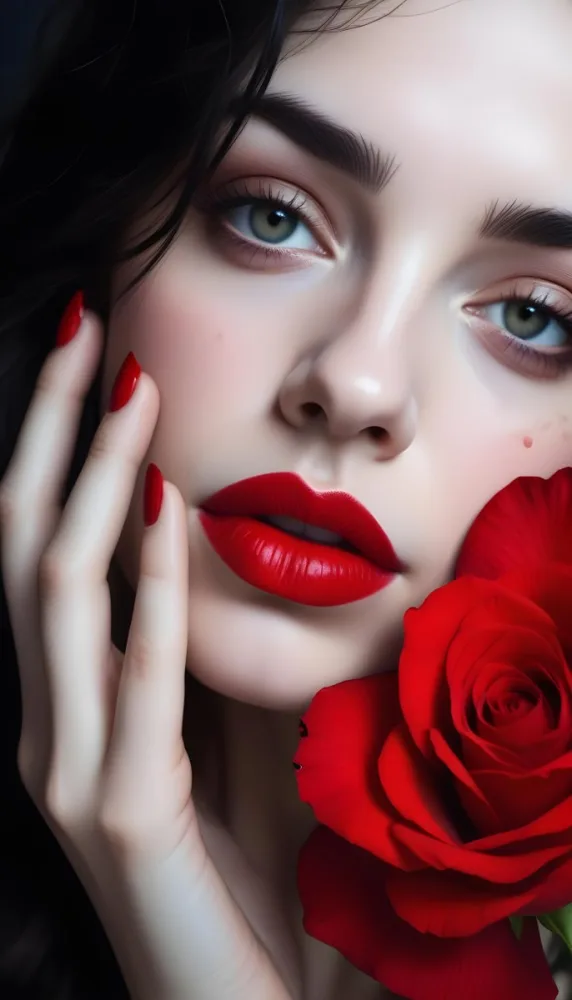 A Close Up Portrait Of A Young Caucasian Woman With Dark Hair Red Lips And Red Rose Petals Around Her Face 26 78dc