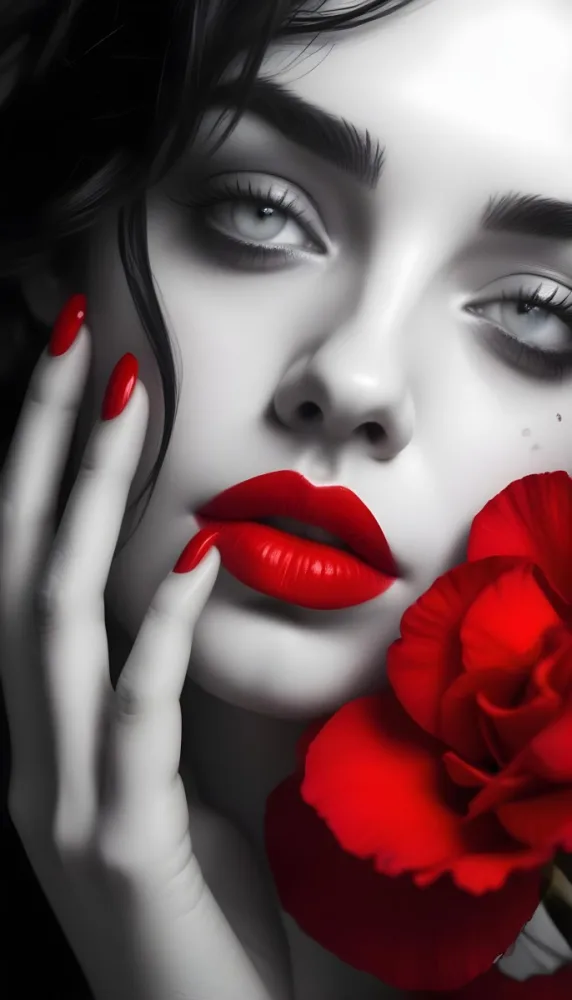 A Close Up Portrait Of A Young Caucasian Woman With Dark Hair Red Lips And Red Rose Petals Around Her Face 30 D148