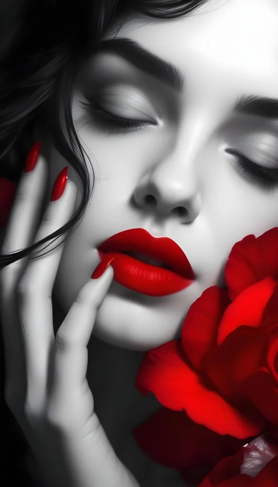 A Close Up Portrait Of A Young Caucasian Woman With Dark Hair Red Lips And Red Rose Petals Around Her Face 31 95c6