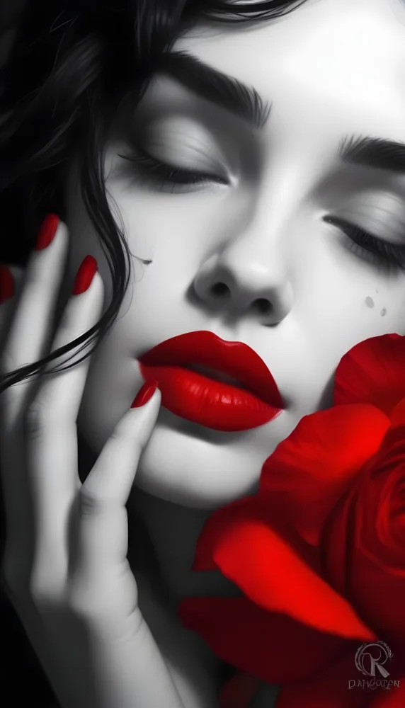 A Close Up Portrait Of A Young Caucasian Woman With Dark Hair Red Lips And Red Rose Petals Around Her Face 38 4fc1