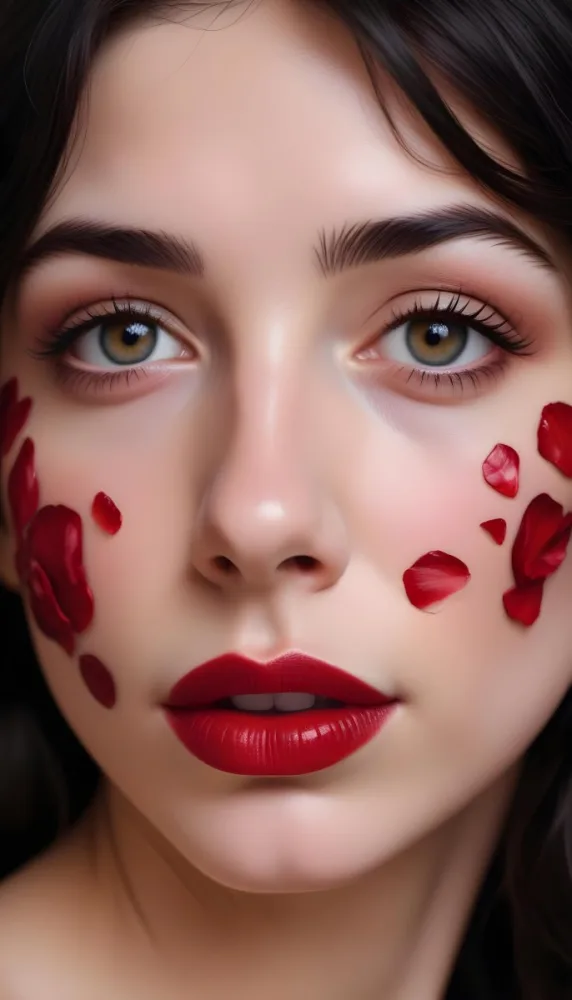 A Close Up Portrait Of A Young Caucasian Woman With Dark Hair Red Lips And Red Rose Petals Around Her Face 6 E4f6
