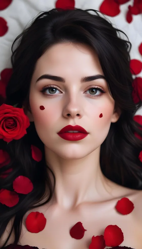 A Close Up Portrait Of A Young Caucasian Woman With Dark Hair Red Lips And Red Rose Petals Around Her Face 9 Ab9b