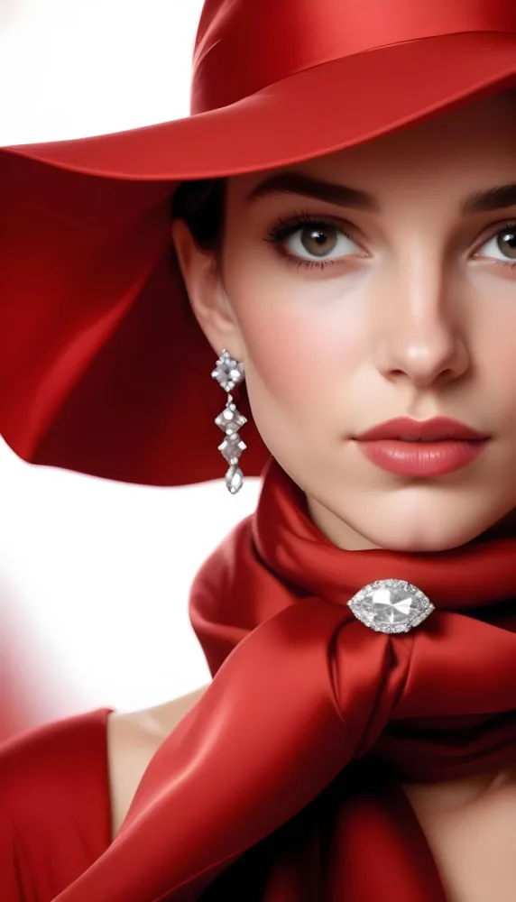 A Close Up Portrait Of A Young Caucasian Woman With Dark Hair Wearing A Red Scarf And Large Diamond Earrings Against A Red Background 19