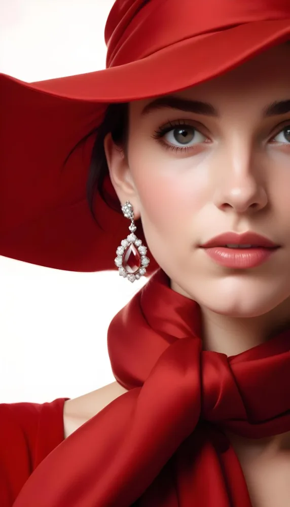 A Close Up Portrait Of A Young Caucasian Woman With Dark Hair Wearing A Red Scarf And Large Diamond Earrings Against A Red Background 6 2c0b