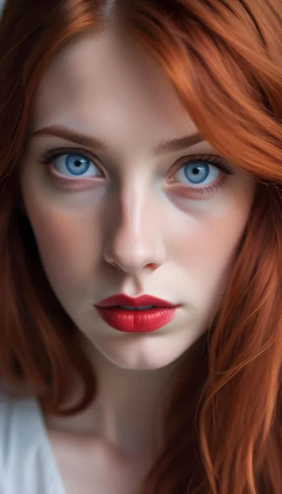 A Close Up Portrait Of A Young Caucasian Woman With Fair Skin Blue Eyes And Long Red Hair Partially Covering Her Face She Has Full Red Lips And A Serious Pensive Expression Set Against A Soft Blurred Backgr 10 17df