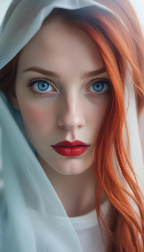 A Close Up Portrait Of A Young Caucasian Woman With Fair Skin Blue Eyes And Long Red Hair Partially Covering Her Face She Has Full Red Lips And A Serious Pensive Expression Set Against A Soft Blurred Backgr 6 Bc77