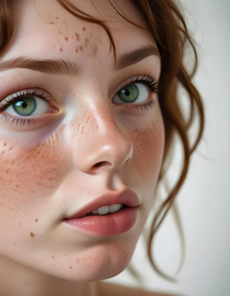A Close Up Portrait Of A Young Caucasian Woman With Freckles Green Eyes And Full Lips 15 08f1